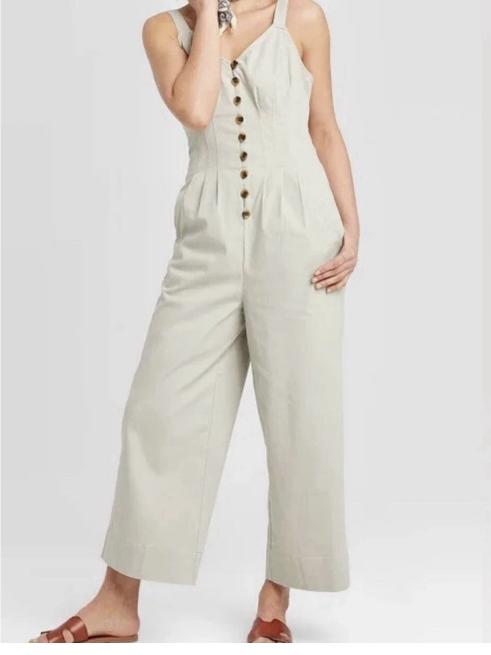 Universal thread cropped wide leg cotton spandex blend jumpsuit in light sage